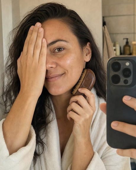 Spegelselfie i badrock med suki ansiktsborste mot käklinjen