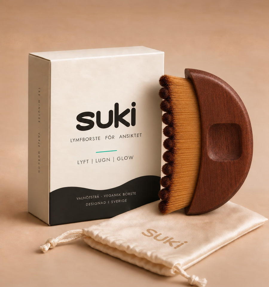 suki ansiktsborste i valnöt med svensk förpackning och satinpåse