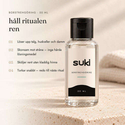Fyra fördelar med suki Borstrengöring: löser upp talg och hudceller, skonsam mot stråna, sköljer rent utan hinna, torkar snabbt